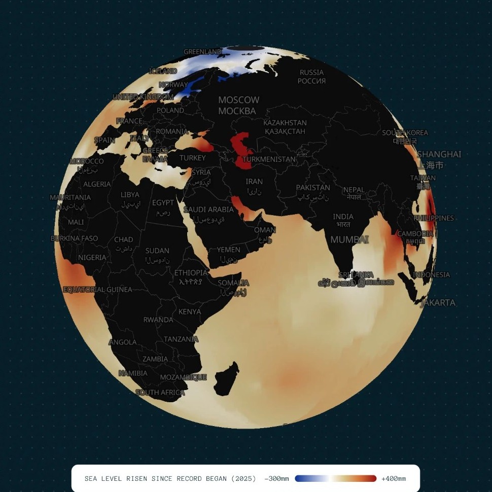 The Ocean Futures interactive map in globe view, showing real sea-level trend data